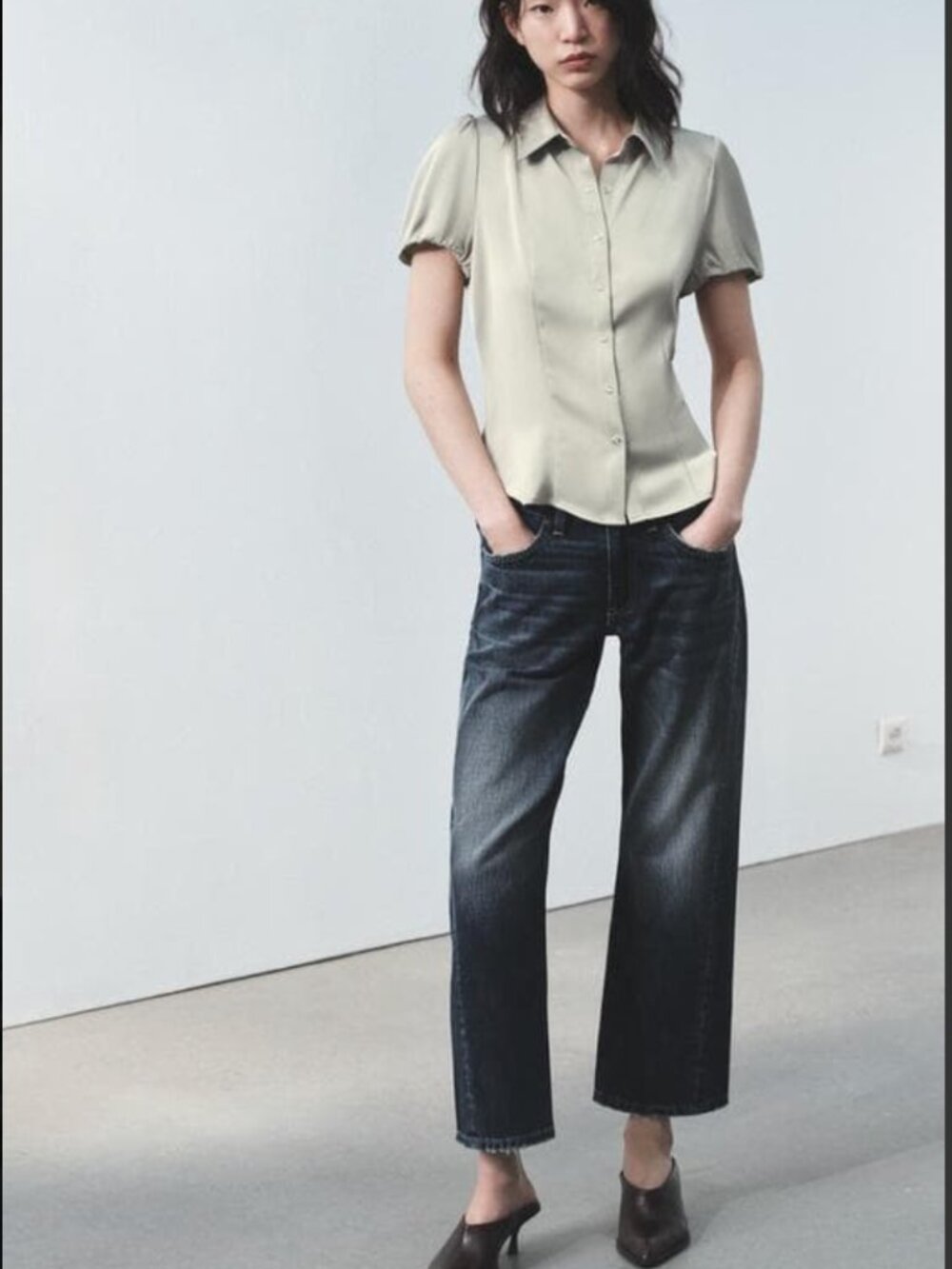 Zara Satin Shirt Sage Green Puff Sleeve Collared Snap Front M NWT